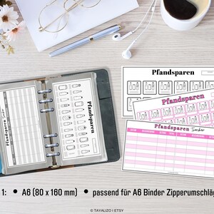 Op de afbeelding: Een set printbare A6-plannerpagina's voor het bijhouden van flessenstatiegeld-teruggaven. De pagina's hebben een roze en zwart ontwerp met de tekst "Pfandsparen" en een raster om stortingen bij te houden.