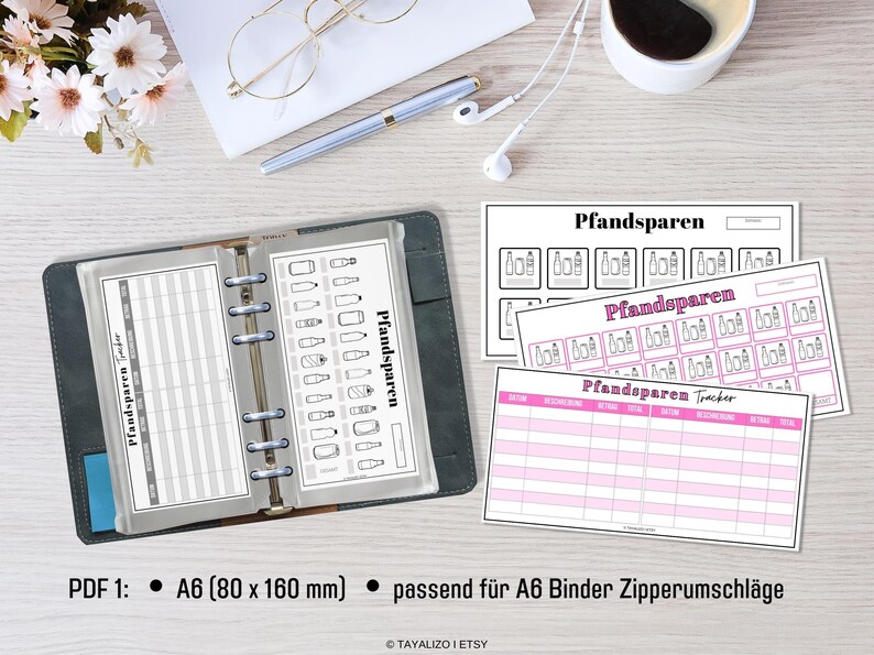 Op de afbeelding: Een set printbare A6-plannerpagina's voor het bijhouden van flessenstatiegeld-teruggaven. De pagina's hebben een roze en zwart ontwerp met de tekst "Pfandsparen" en een raster om stortingen bij te houden.