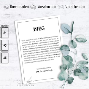 Carte postale affiche pour le 30e anniversaire 1995, jalons de la chronique, carte d'anniversaire des trente ans, félicitations, impression à télécharger PDF
