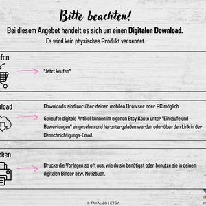 K&ouml;nnte beinhalten: Eine wei&szlig;e und rosafarbene Grafik mit Anweisungen zum Kauf, Herunterladen und Drucken eines digitalen Produkts. Der Text lautet "Bitte beachten!" was im Deutschen "Bitte beachten!" bedeutet. Die Grafik enth&auml;lt auch einen Einkaufswagen, eine Wolke mit einem Download-Pfeil und einen Drucker.