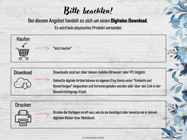 K&ouml;nnte beinhalten: Eine wei&szlig;e und rosafarbene Grafik mit Anweisungen zum Kauf, Herunterladen und Drucken eines digitalen Produkts. Der Text lautet "Bitte beachten!" was im Deutschen "Bitte beachten!" bedeutet. Die Grafik enth&auml;lt auch einen Einkaufswagen, eine Wolke mit einem Download-Pfeil und einen Drucker.