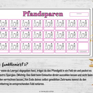 Op de afbeelding: Een printbare grafiek om uw flessenstatiegeld te volgen. De grafiek heeft 36 vakjes om uw voortgang bij te houden. Elk vakje heeft een afbeelding van een fles en een ruimte om het statiegeldbedrag in te vullen. De grafiek heeft ook een ruimte om het totale bedrag van het gespaarde statiegeld in te vullen. De grafiek is getiteld "Pfandsparen" en bevat instructies over het gebruik.