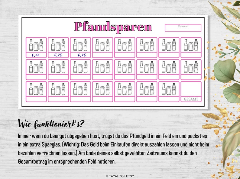 Op de afbeelding: Een printbare grafiek om uw flessenstatiegeld te volgen. De grafiek heeft 36 vakjes om uw voortgang bij te houden. Elk vakje heeft een afbeelding van een fles en een ruimte om het statiegeldbedrag in te vullen. De grafiek heeft ook een ruimte om het totale bedrag van het gespaarde statiegeld in te vullen. De grafiek is getiteld "Pfandsparen" en bevat instructies over het gebruik.