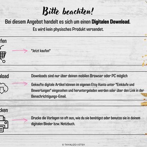 Op de afbeelding: Een afbeelding met instructies over het kopen, downloaden en afdrukken van digitale producten. De afbeelding bevat pictogrammen van een winkelwagen, een wolk met een downloadpijl en een printer. De tekst luidt "Bitte beachten!" wat in het Engels "Let op!" betekent.
