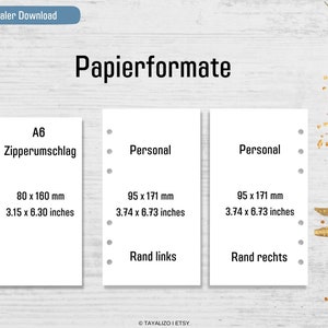 May include: A white card with the text "A6 Zipperumschlag" and the measurements "80 x 160 mm, 3.15 x 6.30 inches".  A white card with the text "Personal" and the measurements "95 x 171 mm, 3.74 x 6.73 inches".  A white card with the text "Personal" and the measurements "95 x 171 mm, 3.74 x 6.73 inches".  The cards are on a woodgrain background.