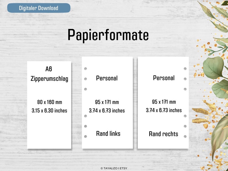 May include: A white card with the text "A6 Zipperumschlag" and the measurements "80 x 160 mm, 3.15 x 6.30 inches".  A white card with the text "Personal" and the measurements "95 x 171 mm, 3.74 x 6.73 inches".  A white card with the text "Personal" and the measurements "95 x 171 mm, 3.74 x 6.73 inches".  The cards are on a woodgrain background.