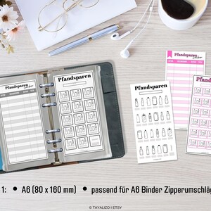 May include: Three printable sheets for tracking and organizing bottle deposits. The sheets are labeled "Pfandsparen" and feature a grid for recording deposits, a list of different bottle types, and a grid for tracking individual bottles.