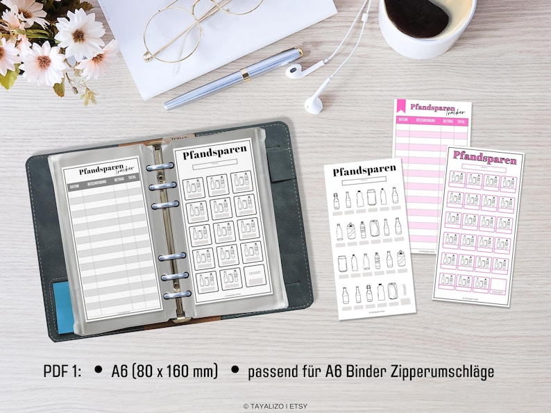 May include: Three printable sheets for tracking and organizing bottle deposits. The sheets are labeled "Pfandsparen" and feature a grid for recording deposits, a list of different bottle types, and a grid for tracking individual bottles.