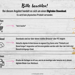 May include: A graphic with instructions on how to purchase, download, and print digital products. The graphic features icons of a shopping cart, a cloud with a download arrow, and a printer. The text reads "Bitte beachten!" which translates to "Please note!" in English.