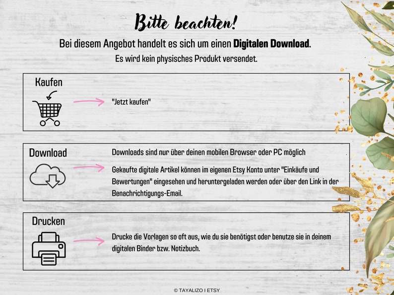 May include: A graphic with instructions on how to purchase, download, and print digital products. The graphic features icons of a shopping cart, a cloud with a download arrow, and a printer. The text reads "Bitte beachten!" which translates to "Please note!" in English.