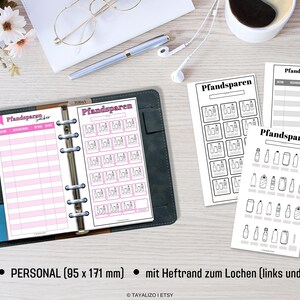 May include: A set of printable planner pages for tracking deposit returns. The pages are designed for a personal size planner, measuring 3.75 inches by 6.75 inches. The pages feature a pink and black color scheme and include a section for tracking the date, amount, and total.