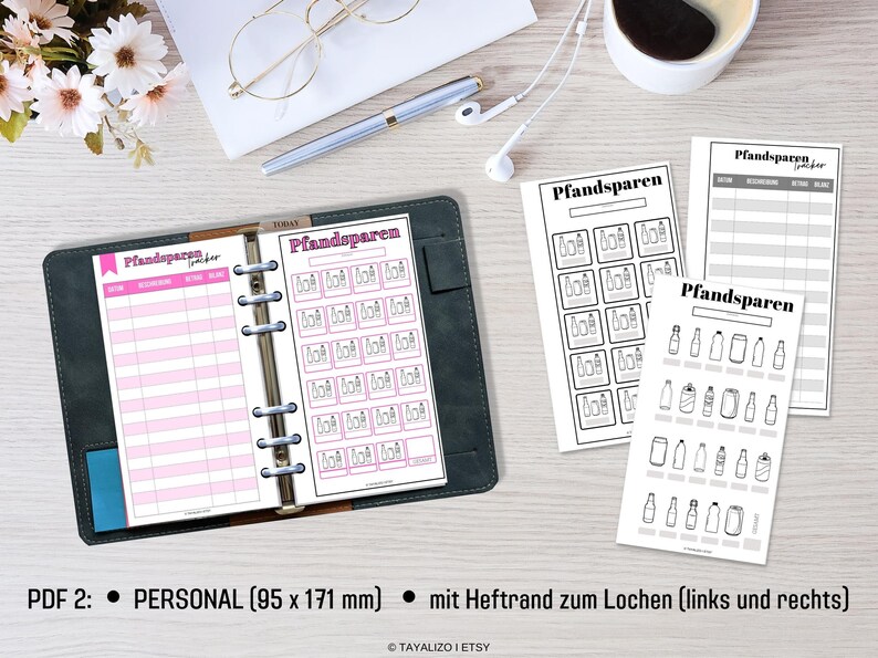 May include: A set of printable planner pages for tracking deposit returns. The pages are designed for a personal size planner, measuring 3.75 inches by 6.75 inches. The pages feature a pink and black color scheme and include a section for tracking the date, amount, and total.