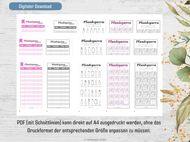 May include: A set of printable PDF sheets for tracking and recording bottle deposits. The sheets are labeled "Pfandsparen" and feature different layouts for recording deposits. The text "PDF (mit Schnittlinien) kann direkt auf A4 ausgedruckt werden, ohne das Druckformat der entsprechenden Gr&ouml;&szlig;e anpassen zu m&uuml;ssen." is at the bottom of the image.
