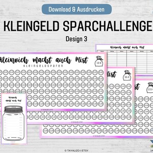 K&ouml;nnte beinhalten: Ein druckbarer Satz von drei M&uuml;nzspartabellen mit einem Regenbogenhintergrund. Die Tabellen sind mit "Kleinvich macht auch Mist" betitelt und zeigen ein Glas, einen Beutel mit M&uuml;nzen und eine Liste von M&uuml;nzwerten. Die Tabellen sollen Menschen helfen, Geld zu sparen, indem sie ihre M&uuml;nzsammlung verfolgen.