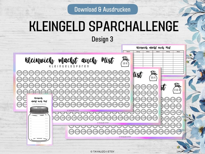 K&ouml;nnte beinhalten: Ein druckbarer Satz von drei M&uuml;nzspartabellen mit einem Regenbogenhintergrund. Die Tabellen sind mit "Kleinvich macht auch Mist" betitelt und zeigen ein Glas, einen Beutel mit M&uuml;nzen und eine Liste von M&uuml;nzwerten. Die Tabellen sollen Menschen helfen, Geld zu sparen, indem sie ihre M&uuml;nzsammlung verfolgen.