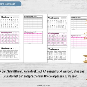 Op de afbeelding: Afdrukbare PDF-bladen voor het bijhouden en organiseren van flessenstatiegeld-teruggave. De bladen hebben een raster met vakjes om flessen af te vinken en een sectie om de totalen bij te houden. De tekst "Pfandsparen" staat op elk blad gedrukt.