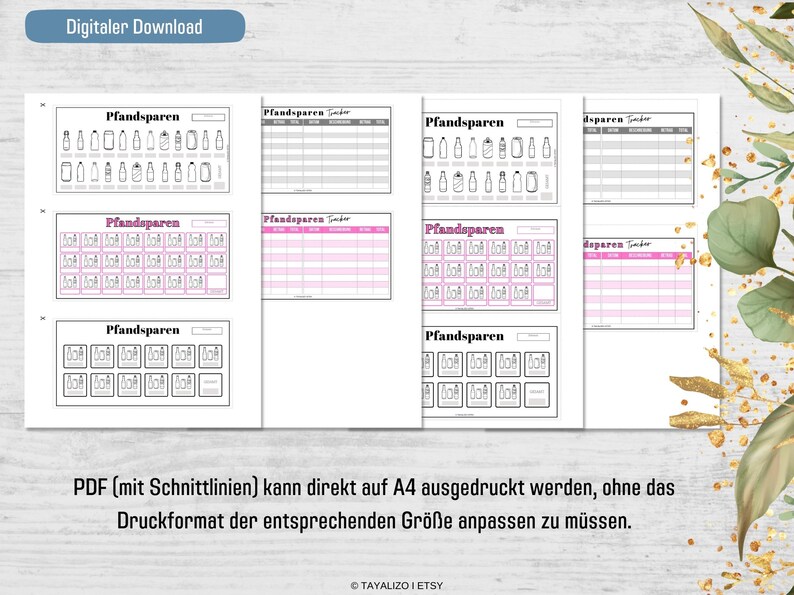Op de afbeelding: Afdrukbare PDF-bladen voor het bijhouden en organiseren van flessenstatiegeld-teruggave. De bladen hebben een raster met vakjes om flessen af te vinken en een sectie om de totalen bij te houden. De tekst "Pfandsparen" staat op elk blad gedrukt.