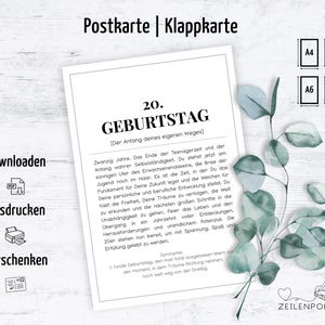 Carte d'anniversaire 20 ans avec définition, vingt ans, félicitations, A4, A5, A6, B6, téléchargement PDF pour impression