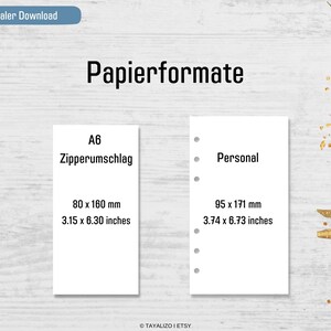 Op de afbeelding: Een witte kaart met de tekst "Papierformate" in zwart. De kaart is verdeeld in twee secties, elk met een andere papiergrootte. De linker sectie toont de maat A6 Zipperumschlag, die 80 x 160 mm of 3,15 x 6,30 inch is. De rechter sectie toont de maat Persoonlijk, die 95 x 171 mm of 3,74 x 6,73 inch is.