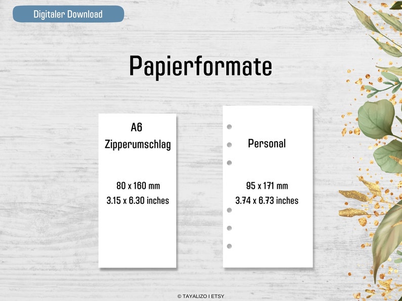 Op de afbeelding: Een witte kaart met de tekst "Papierformate" in zwart. De kaart is verdeeld in twee secties, elk met een andere papiergrootte. De linker sectie toont de maat A6 Zipperumschlag, die 80 x 160 mm of 3,15 x 6,30 inch is. De rechter sectie toont de maat Persoonlijk, die 95 x 171 mm of 3,74 x 6,73 inch is.