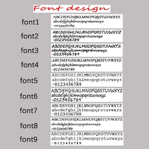 May include: Nine different font styles are displayed with uppercase and lowercase letters, as well as numbers 0-9. The fonts are labeled font1 through font9.