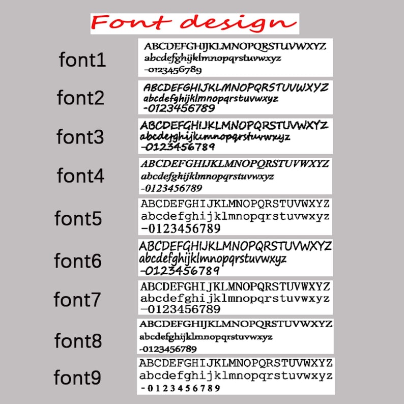May include: Nine different font styles are displayed with uppercase and lowercase letters, as well as numbers 0-9. The fonts are labeled font1 through font9.