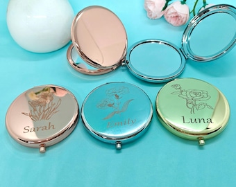 Miroir de maquillage personnalisé fleurs d'anniversaire, miroir de maquillage de poche pour demoiselles d'honneur, miroir compact avec nom personnalisé, cadeau d'anniversaire, cadeau fête des mères
