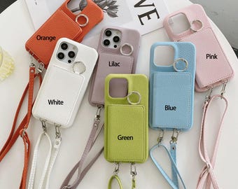 Personalized iPhone Case, Leather Strap Phone Case, Wallet iPhone Case with Mirror for iPhone 12/13/14/15 Pro Plus Max Custom Gifts