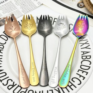 May include: Five decorative sporks in various colors: copper, gold, gunmetal, silver, and rainbow. Each spork features an engraved floral design and a different inscription: "Birthday party", "Jack's Birthday spork", "Happy Birthday!", "Wedding gift", and "birthday gift".