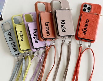 Personalized Crossbody Leather Strap Phone Case with Card Holder for 12/13/14/15/16 Pro Plus Max