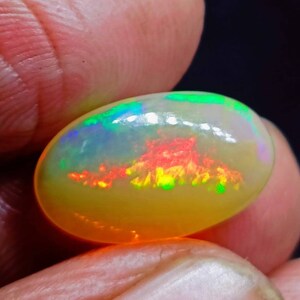 May include: A vibrant, oval-shaped opal gemstone with a fiery red, orange, and green play of color. The opal is set against a neutral background.