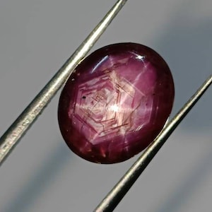 Puede incluir: Primer plano de una piedra preciosa de rubí estrellado rosa con un patrón de estrella hexagonal. El rubí tiene forma ovalada y un alto pulido.