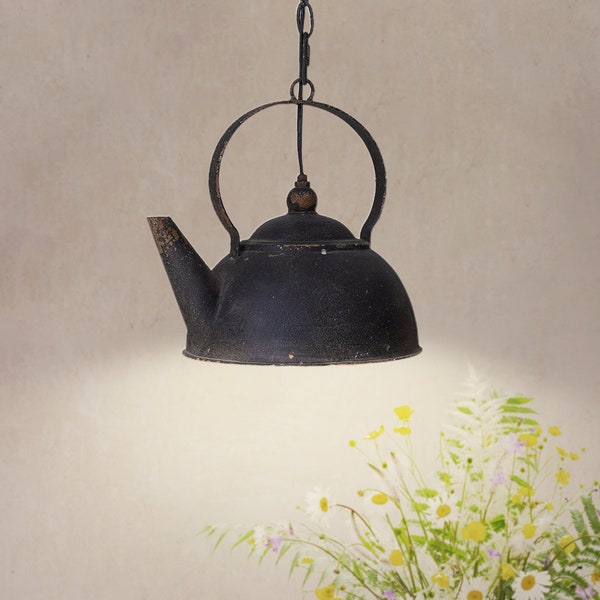Teapot Chandelier – Artisanally Handmade Vintage Black Metal Pendant Light, A Unique and Charming Addition to Your Décor