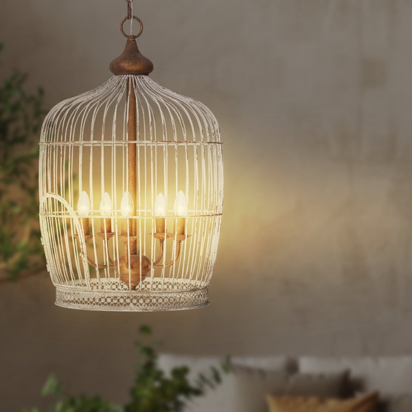 Metal Birdcage Chandelier Handmade Rustic Hanging Lamp Vintage Elegant Farm Pendant Light New Home Gift