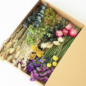 May include: A selection of dried flowers and foliage presented in a cardboard box. The arrangement features wheat, eucalyptus, and vibrant blooms in pink, yellow, purple, and green. The box is open, displaying the contents.