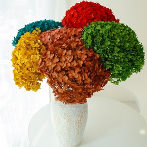 May include: A white textured vase displays a colourful arrangement of dried hydrangeas. The flowers are in shades of red, green, yellow, teal, and orange. The vase is on a white table, creating a vibrant floral display.