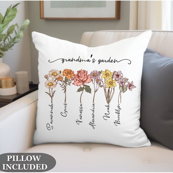 Personalize Grandma's Garden Pillow | Customized Birth Month Flower Pillow | Christmas Gift For Grandma | Personalized Birthflower Pillow