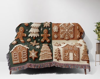 Lebkuchen Weihnachtsdecke: Personalisierter gewebter Baumwollwurf, niedlicher Feiertags-gemütliches Dekor, Geschenk für Familie, Weihnachten Housewarminggeschenke