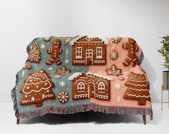 Lebkuchen Weihnachtsdecke: Personalisierter gewebter Baumwollwurf, niedlicher Feiertags-gemütliches Dekor, Geschenk für Familie, Weihnachten Housewarminggeschenke