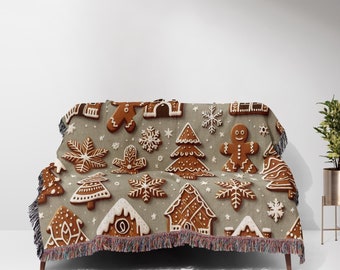 Niedliche Lebkuchen-Weihnachtsdecke, personalisierter gewebter Baumwollüberwurf, niedlicher Feiertags-gemütliches Dekor, Geschenk für Familie, Weihnachten Housewarminggeschenke