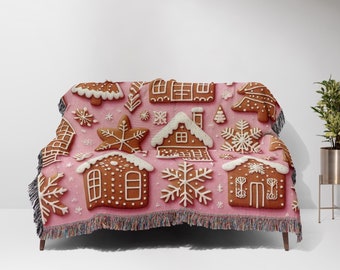 Rosa Lebkuchen Weihnachtsdecke: Personalisierter gewebter Baumwollüberwurf, niedliches Feiertags-gemütliches Dekor, Geschenk für Familie, Weihnachten Housewarminggeschenke