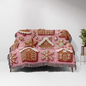 Pink Gingerbread Christmas Blanket: Personalized Woven Cotton Throw, Cute Holiday Cozy Decor, Gift for Family, Christmas Housewarming Gifts
