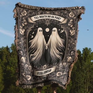 Ghost Couple Woven Tapestry, Personalized Anniversary Gift Custom Name Blanket, Halloween Woven Blanket, Cottagecore Wedding Gift For Couple