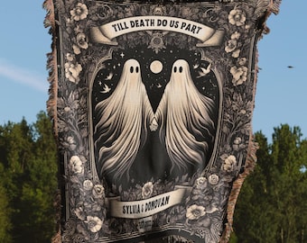 Ghost Couple Engagement Woven Tapestry, Personalized Anniversary Gift Custom Gothic Throw Blanket, Dark Cottagecore Wedding Gift For Couple