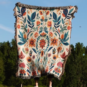 Scandinavian Art Norwegian Folk Floral Woven Blanket, Dark Cottage Core Blanket, Nordic Flower Throw Blanket Gift For Scandinavian Art Lover