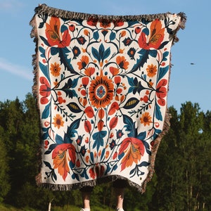 Scandinavian Floral Tapestry, Norwegian Folk Art Woven Blanket, Swedish Folk Art Decor Nordic Flower Blanket Gift For Scandinavian Art Lover