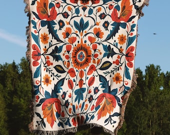 Scandinavian Floral Tapestry, Norwegian Folk Art Woven Blanket, Swedish Folk Art Decor Nordic Flower Blanket Gift For Scandinavian Art Lover