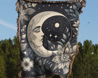 Crescent Moon Floral Botanical Throw Blanket, Dark Cottagecore Decor, Dark Academia, Moon and Flowers Blanket, Lunar Lover Aesthetic Decor