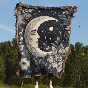 Crescent Moon Floral Botanical Throw Blanket, Dark Cottagecore Decor, Dark Academia, Moon and Flowers Blanket, Lunar Lover Aesthetic Decor