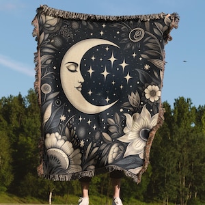 Crescent Moon & Wildflower Woven Blanket, Dark Cottagecore Decor, Lunar Lover Aesthetic Home Decor, Dark Academia, Moon and Flowers Art